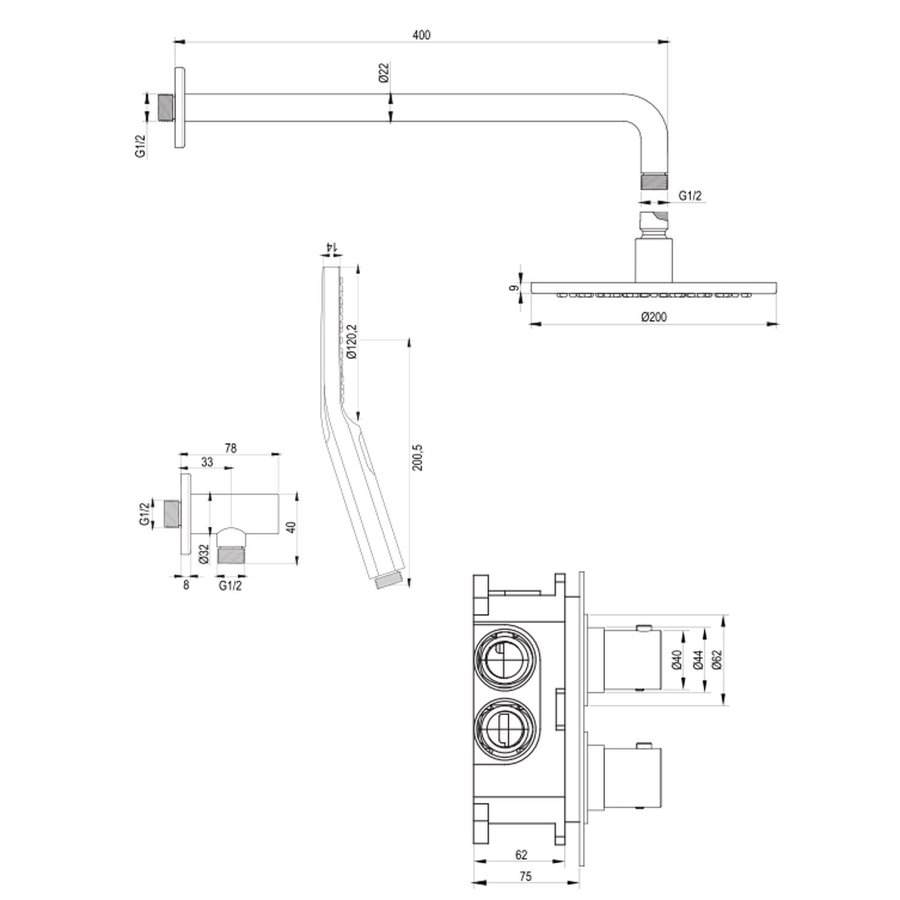 Inbouw Regendouche Set Brauer Brushed Edition Gebogen Wanduitloop Ronde Hoofddouche 20 cm Met Handdouche 3 Standen RVS Look