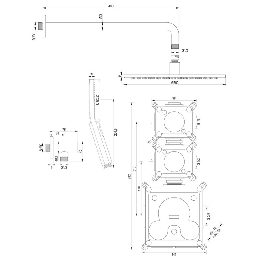 Inbouw Regendouche Set Brauer Brushed Edition Gebogen Wanduitloop Ronde Hoofddouche 30 cm Met Twee Stopkranen en Handdouche 3 Standen RVS Look