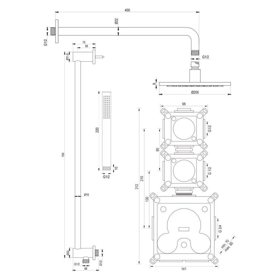 Inbouw Regendouche Set Brauer Brushed Edition Gebogen Wanduitloop Ronde Hoofddouche 20 cm Met Twee Stopkranen en Glijstang RVS Look