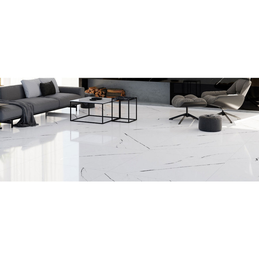 Vloertegel Mykonos Excelsior White 60x120cm Glans Marmerlook Wit (prijs per m2)