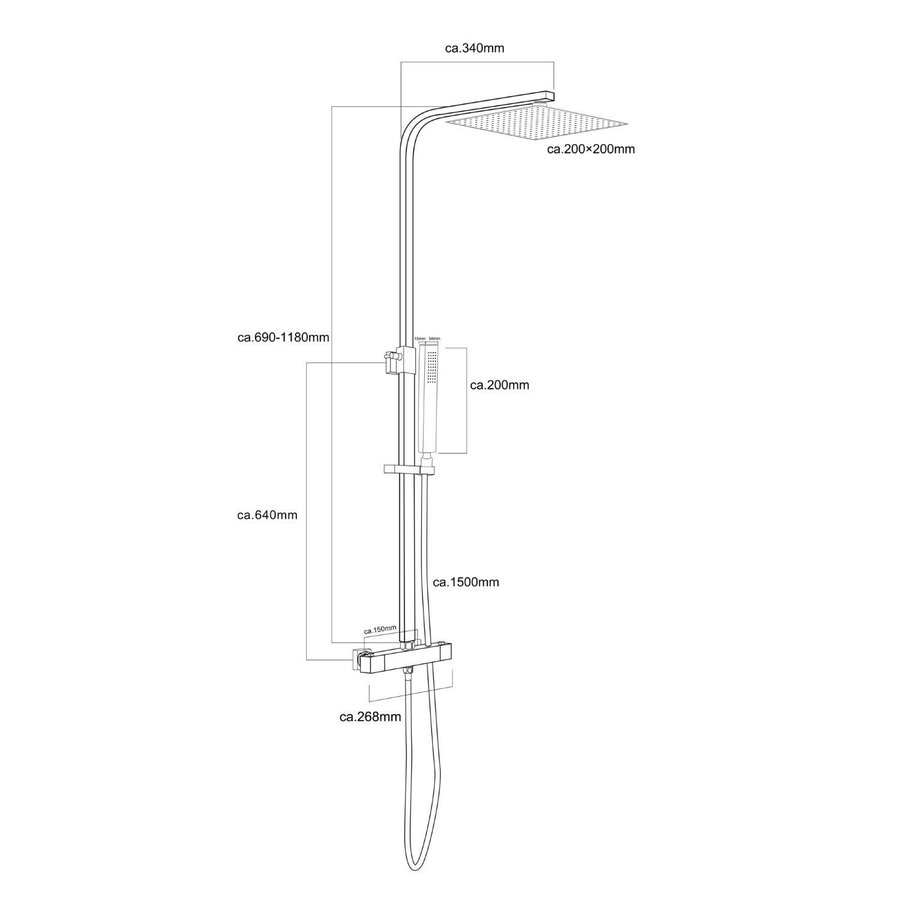 Regendoucheset Aqua Splash Thermostatisch Square met Handdouche Mat Zwart