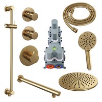 Regendoucheset Inbouw Brauer Gold Edition Thermostatisch 30cm met Wandarm, Glijstang en Handdouche 3-Standen Losse Stopkranen Geborsteld Goud