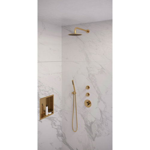 Regendoucheset Inbouw Brauer Gold Edition Thermostatisch 20cm met Gebogen Wandarm en Handdouche Staaf Losse Stopkranen Geborsteld Goud 
