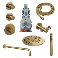 Regendoucheset Inbouw Brauer Gold Edition Thermostatisch 30cm met Gebogen Wandarm en Handdouche Staaf Losse Stopkranen Geborsteld Goud