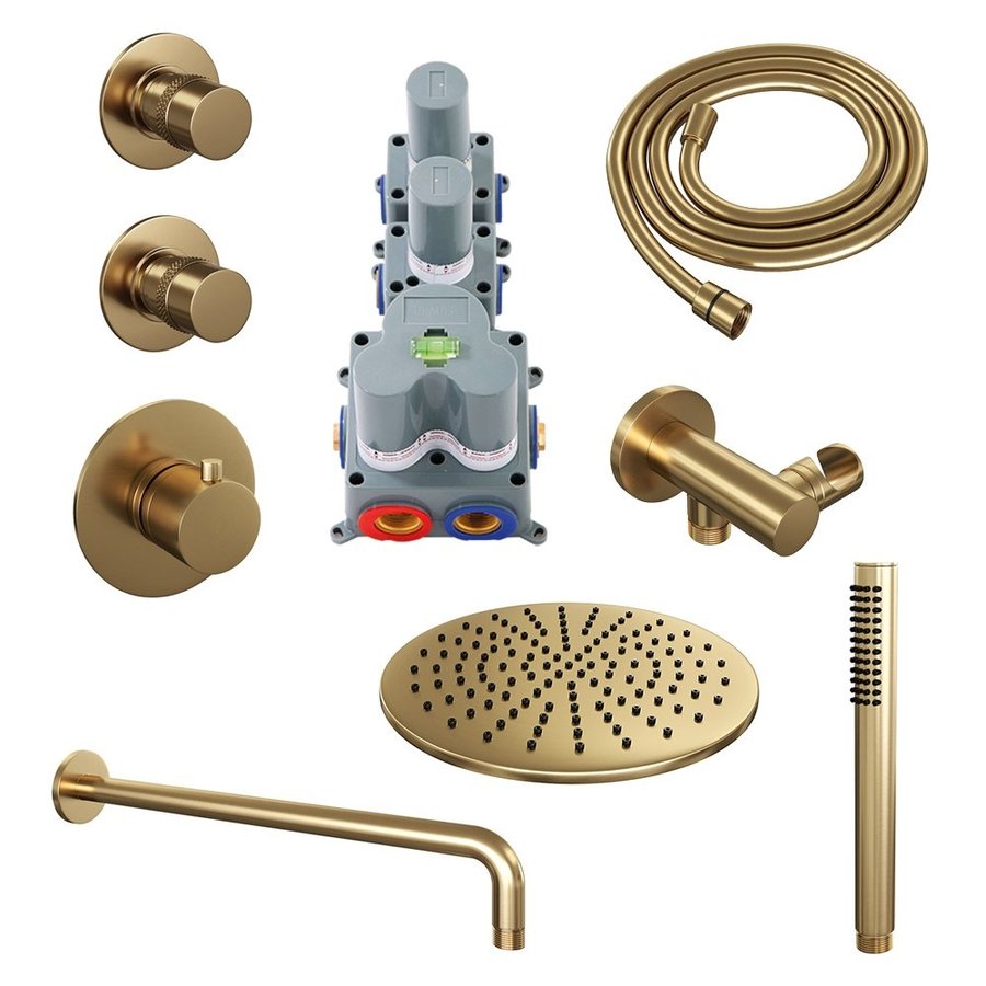 Regendoucheset Inbouw Brauer Gold Edition Thermostatisch 30cm met Gebogen Wandarm en Handdouche Staaf Losse Stopkranen Geborsteld Goud