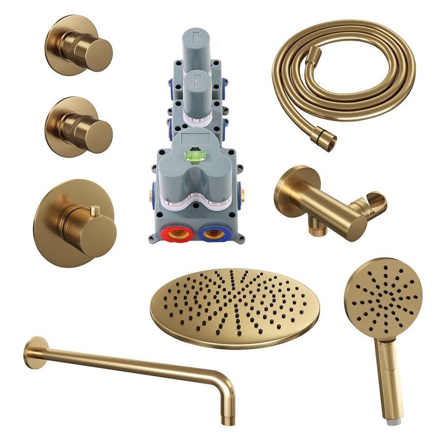 Regendoucheset Inbouw Brauer Gold Edition Thermostatisch 30cm met Gebogen Wandarm en Handdouche 3-Standen Losse Stopkranen Geborsteld Goud