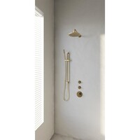 Regendoucheset Inbouw Brauer Gold Edition Thermostatisch 20cm met Gebogen Wandarm, Glijstang en Handdouche Staaf Losse Stopkranen Geborsteld Goud
