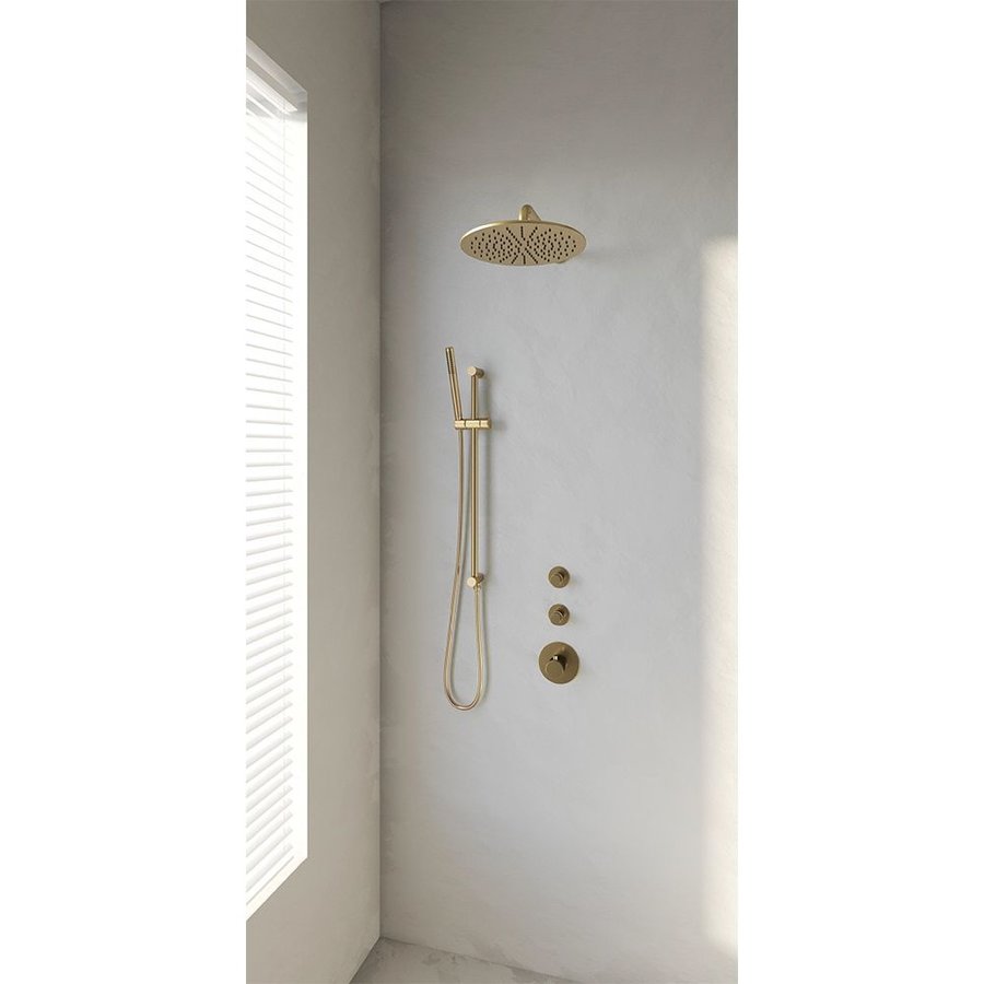 Regendoucheset Inbouw Brauer Gold Edition Thermostatisch 30cm met Gebogen Wandarm, Glijstang en Handdouche Staaf Losse Stopkranen Geborsteld Goud