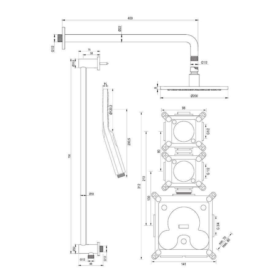 Regendoucheset Inbouw Brauer Gold Edition Thermostatisch 20cm met Gebogen Wandarm, Glijstang en Handdouche 3-Standen Losse Stopkranen Geborsteld Goud