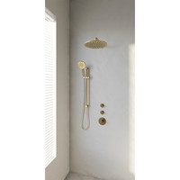Regendoucheset Inbouw Brauer Gold Edition Thermostatisch 30cm met Gebogen Wandarm, Glijstang en Handdouche 3-Standen Losse Stopkranen Geborsteld Goud