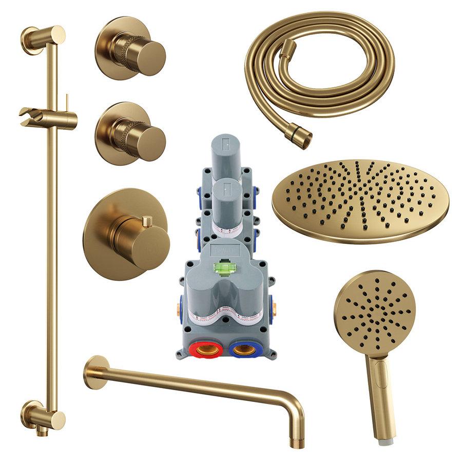 Regendoucheset Inbouw Brauer Gold Edition Thermostatisch 30cm met Gebogen Wandarm, Glijstang en Handdouche 3-Standen Losse Stopkranen Geborsteld Goud