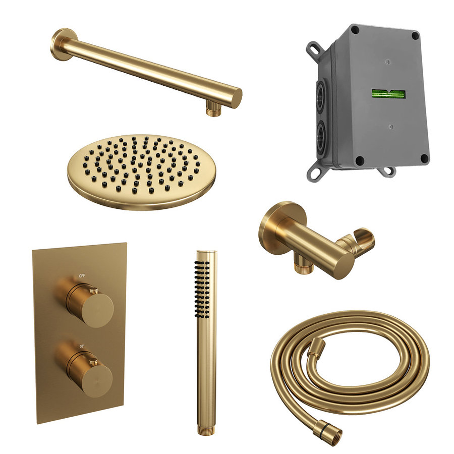Regendoucheset Inbouw Brauer Gold Edition Thermostatisch 20cm met 3-Weg Omstelling, Wandarm en Staaf Handdouche Geborsteld Goud