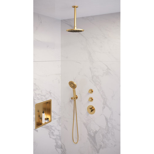 Regendoucheset Inbouw Brauer Gold Edition Thermostatisch 20cm met Plafondarm en Handdouche 3-Standen Losse Stopkranen Geborsteld Goud 