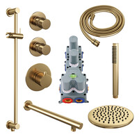 Regendoucheset Inbouw Brauer Gold Edition Thermostatisch 20cm met Wandarm, Glijstang en Handdouche Staaf Losse Stopkranen Geborsteld Goud
