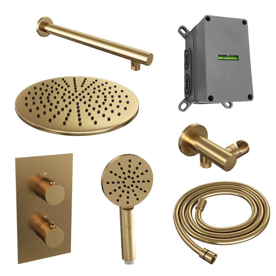Regendoucheset Inbouw Brauer Gold Edition Thermostatisch 30cm met 3-Weg Omstelling, Wandarm en 3-Standen Handdouche Geborsteld Goud