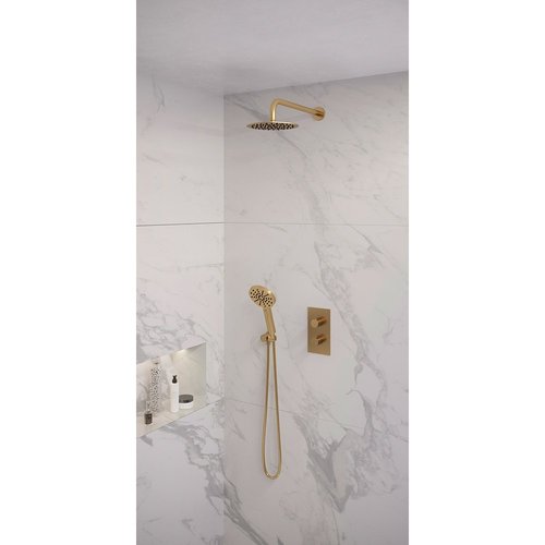 Regendoucheset Inbouw Brauer Gold Edition Thermostatisch 20cm met 3-Weg Omstelling, Gebogen Wandarm en 3-Standen Handdouche Geborsteld Goud 
