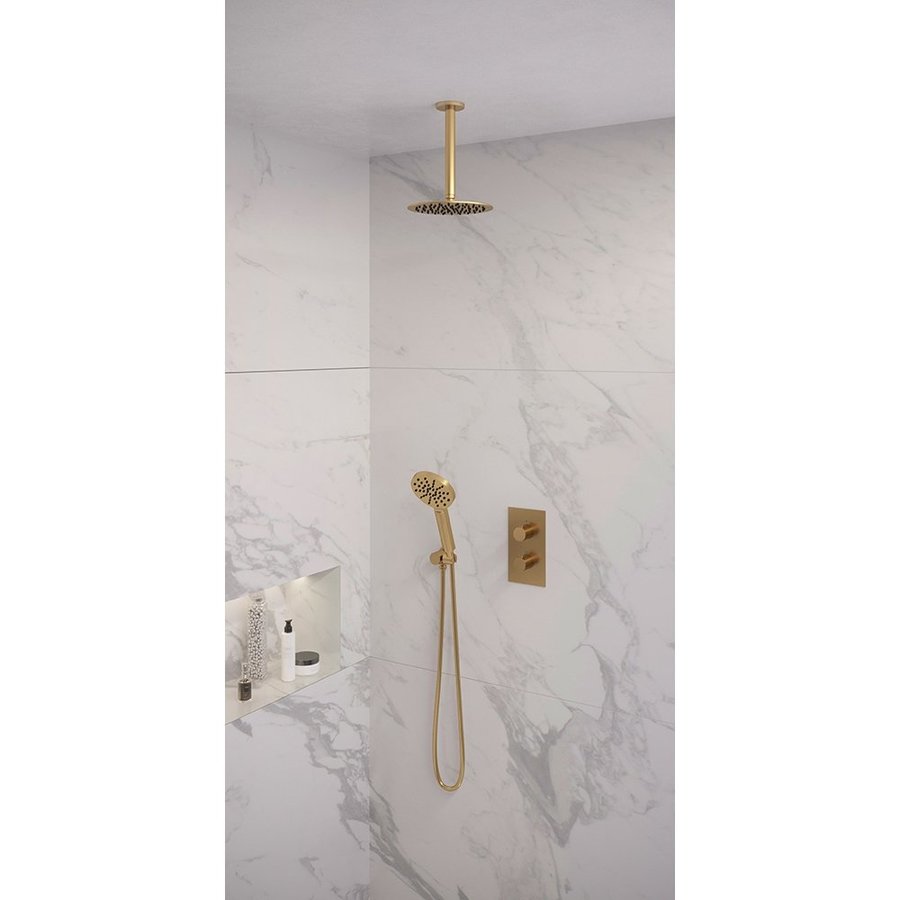 Regendoucheset Inbouw Brauer Gold Edition Thermostatisch 20cm met 3-Weg Omstelling, Plafondarm en 3-Standen Handdouche Geborsteld Goud