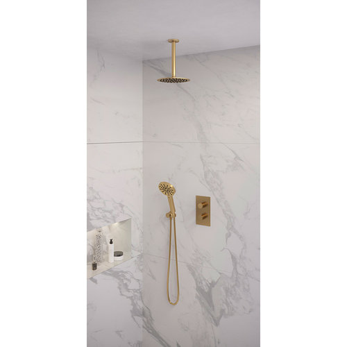 Regendoucheset Inbouw Brauer Gold Edition Thermostatisch 30cm met 3-Weg Omstelling, Plafondarm en 3-Standen Handdouche Geborsteld Goud 
