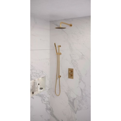 Regendoucheset Inbouw Brauer Gold Edition Thermostatisch 20cm met 3-Weg Omstelling, Gebogen Wandarm, Glijstang en Staaf Handdouche Geborsteld Goud 