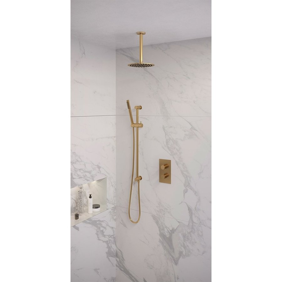 Regendoucheset Inbouw Brauer Gold Edition Thermostatisch 20cm met 3-Weg Omstelling, Plafondarm, Glijstang en Staaf Handdouche Geborsteld Goud