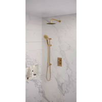 Regendoucheset Inbouw Brauer Gold Edition Thermostatisch 20cm met 3-Weg Omstelling, Gebogen Wandarm, Glijstang en Handdouche 3-Standen Geborsteld Goud