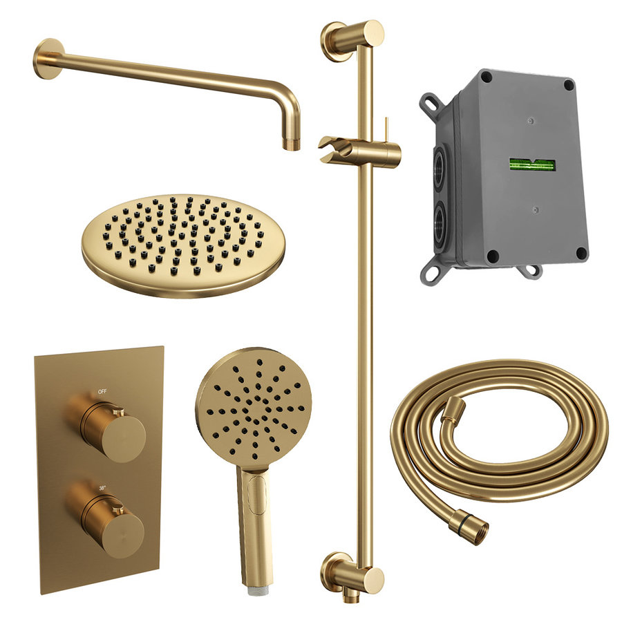 Regendoucheset Inbouw Brauer Gold Edition Thermostatisch 20cm met 3-Weg Omstelling, Gebogen Wandarm, Glijstang en Handdouche 3-Standen Geborsteld Goud