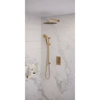 Regendoucheset Inbouw Brauer Gold Edition Thermostatisch 30cm met 3-Weg Omstelling, Gebogen Wandarm, Glijstang en 3-Standen Handdouche Geborsteld Goud