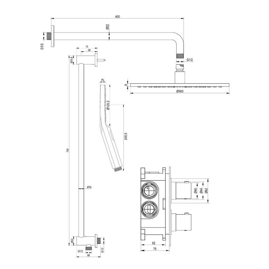 Regendoucheset Inbouw Brauer Gold Edition Thermostatisch 30cm met 3-Weg Omstelling, Gebogen Wandarm, Glijstang en 3-Standen Handdouche Geborsteld Goud