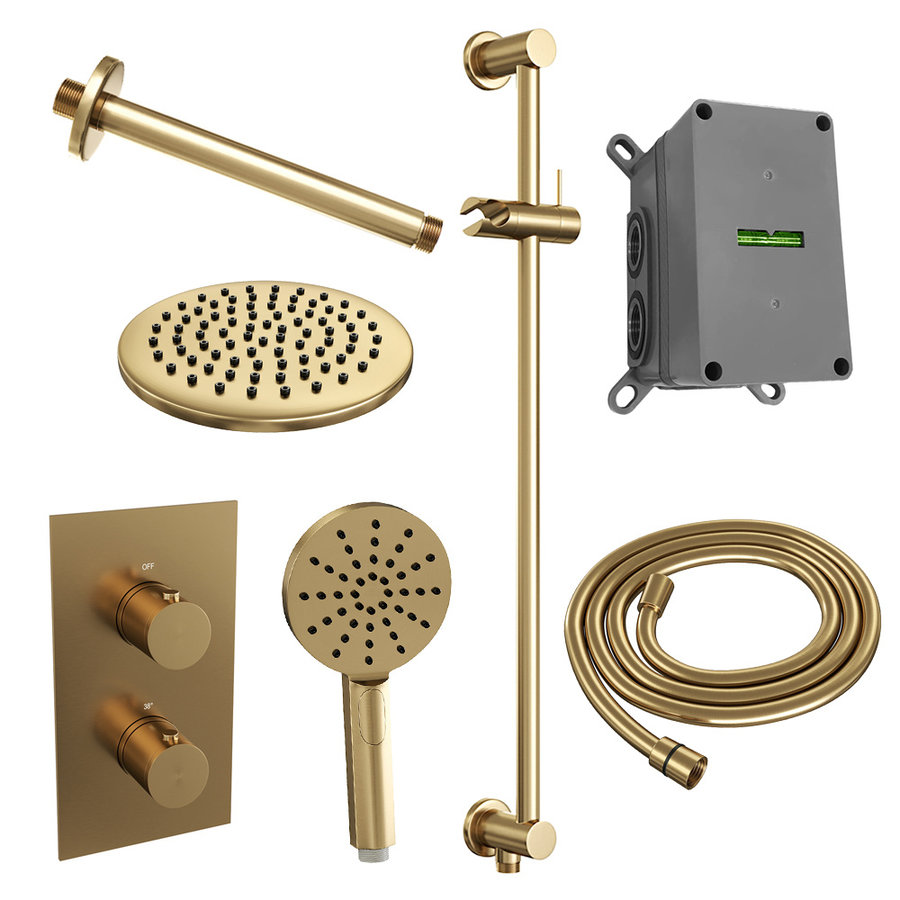 Regendoucheset Inbouw Brauer Gold Edition Thermostatisch 20cm met 3-Weg Omstelling, Plafondarm, Glijstang en Handdouche 3-Standen Geborsteld Goud