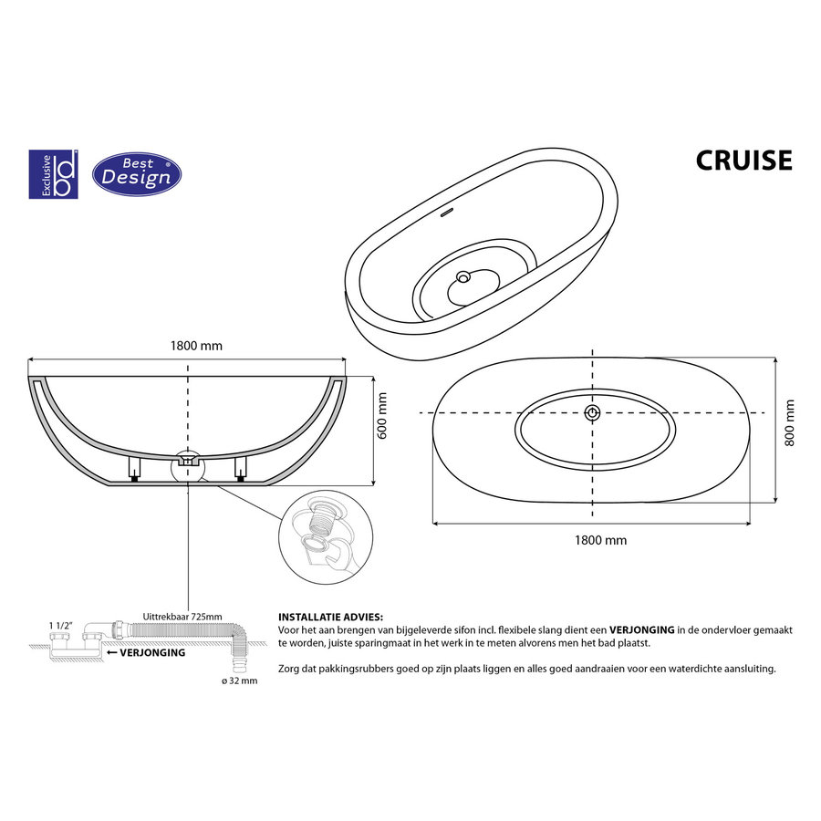 Vrijstaand Bad Best Design Cruise 180x80x60 cm Solid Surface Mat Wit