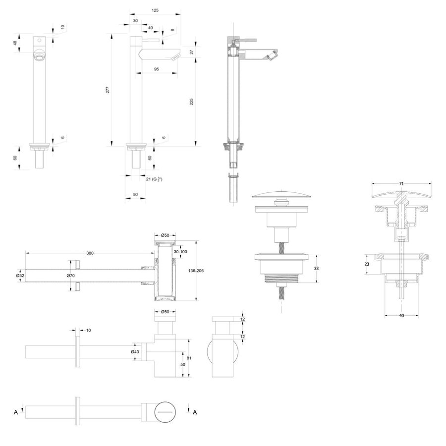 Fonteinkraanset INK Hoog Model Inclusief Waste en Design Sifon Chroom