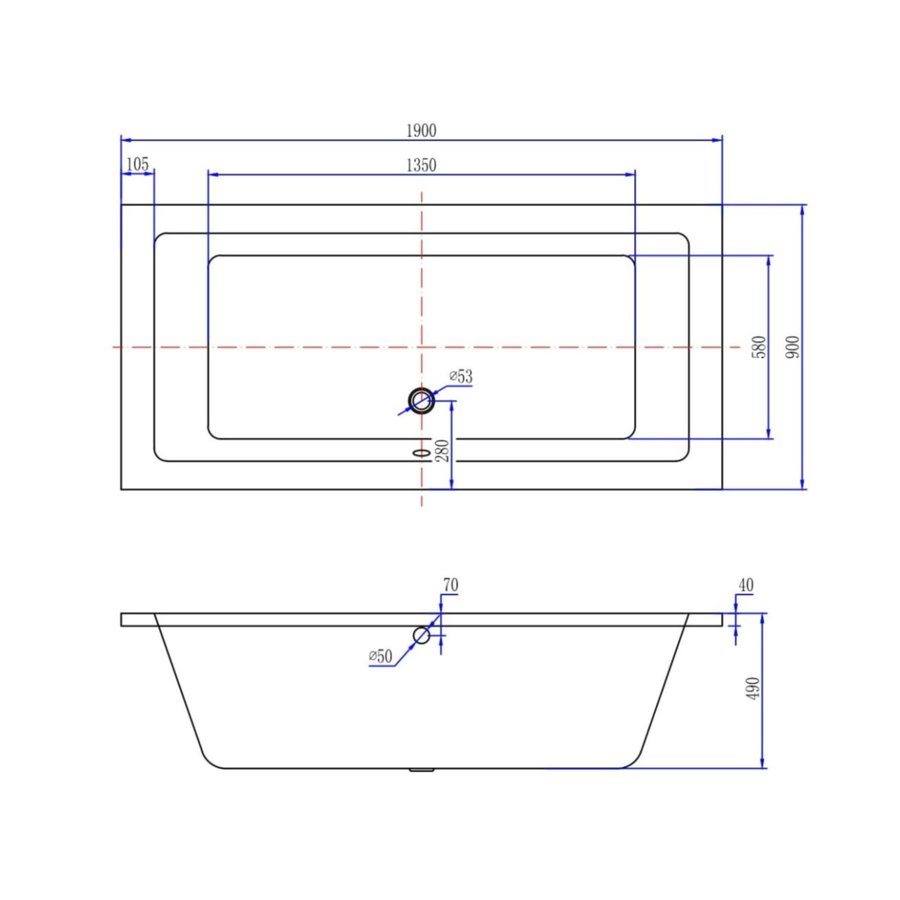 Wiesbaden Santino SQ inbouw ligbad 190*90*49 cm wit DUO