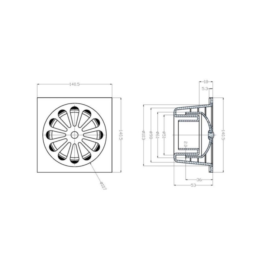 Chroom ABS doucheput 14x14 onder 40mm