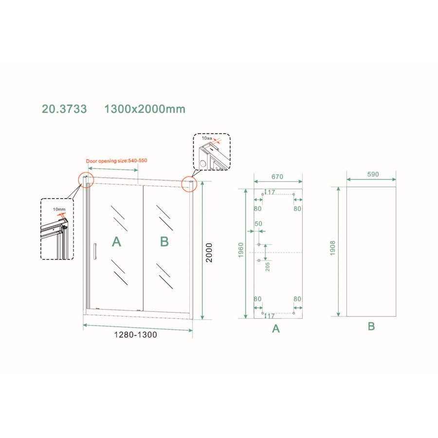 Schuifdeur Wiesbaden Skyline Douchedeur 130x200 cm 8 mm NANO Coating Mat Zwart