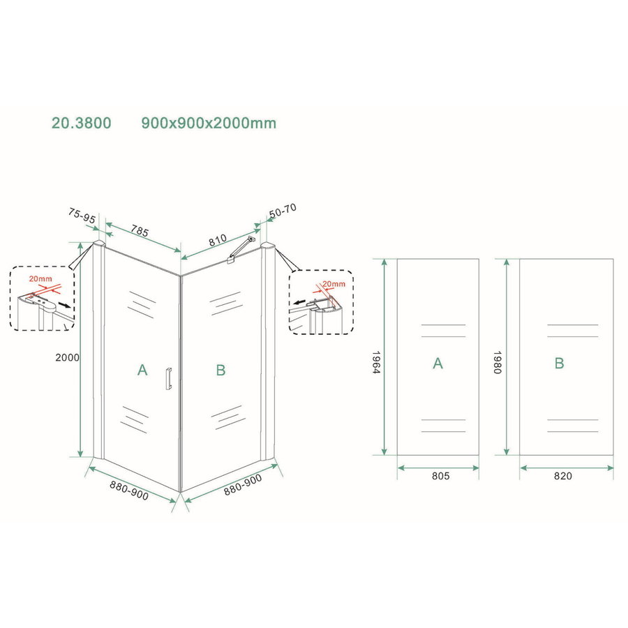 Douchecabine Wiesbaden Uni Klapdeur Vierkant 90x90x200 cm 8 mm NANO coating Mat Zwart