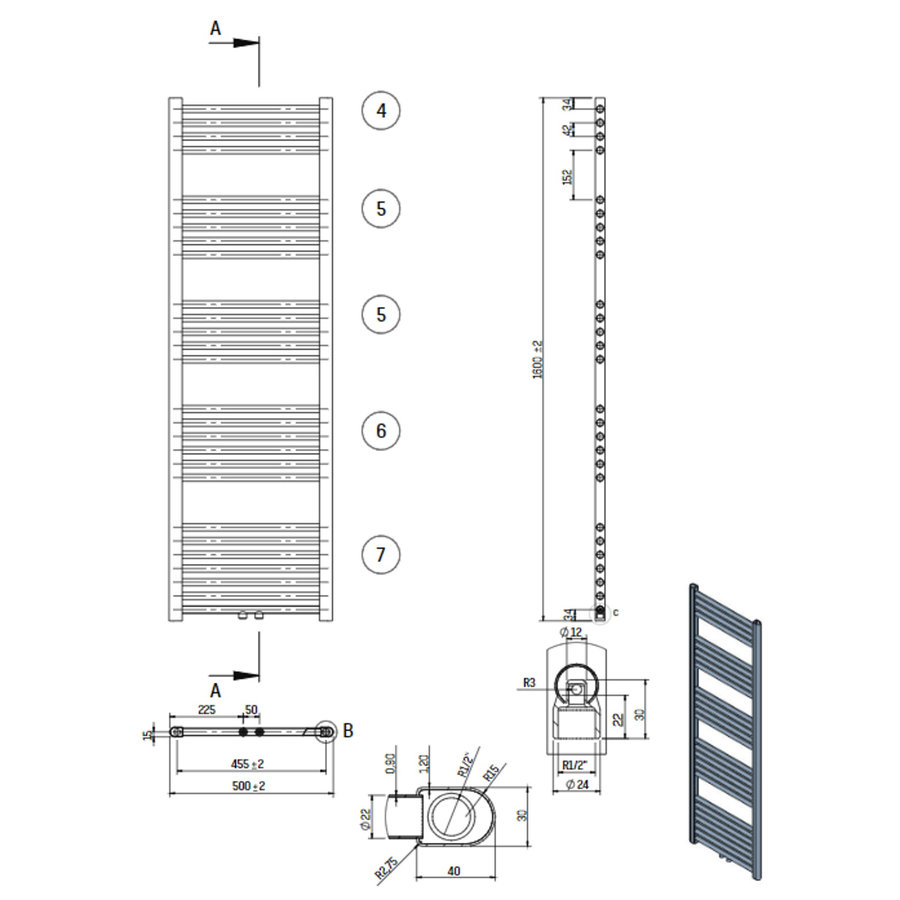 Designradiator Nile Gobi 160x50 cm Geborsteld Mat Zwart midden/zij-aansluiting