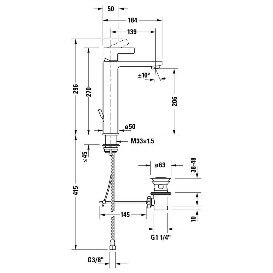 Wastafelkraan Duravit D-Neo Mengkraan Hoog Eengreeps 50x184x270 mm Trekwaste Chroom