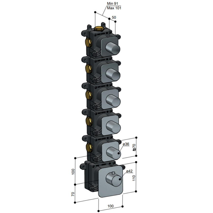 Thermostaat Hotbath Gal High Flow met 5 Stopkranen Geborsteld Messing PVD