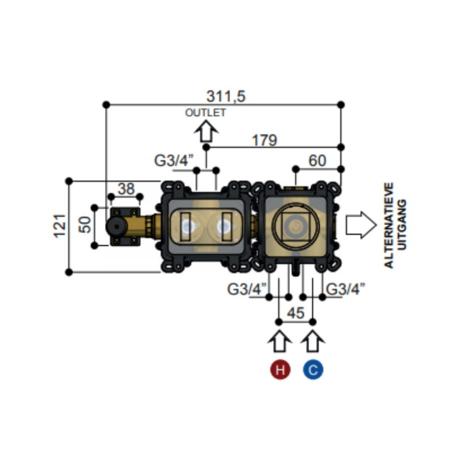 Inbouwdeel Hotbath Gal voor Inbouwthermostaat met 2 Pushbuttons