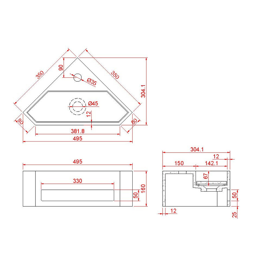 Hoekfontein Wiesbaden Julia 35x35x20cm Solid Surface Mat Wit