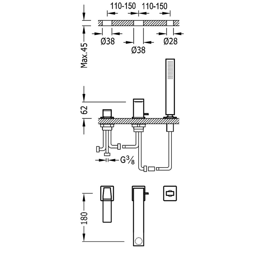 Badrandkraan Tres Slim Exclusive met Handdoucheset Rechte Uitloop 18 cm Mat Wit