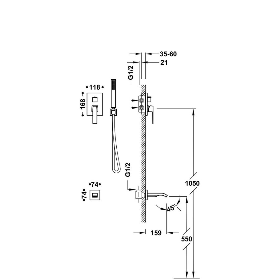 Badkraan Inbouw Tres Slim Exclusive met Handdoucheset, Wanduitloop en Mengkraan Mat Zwart