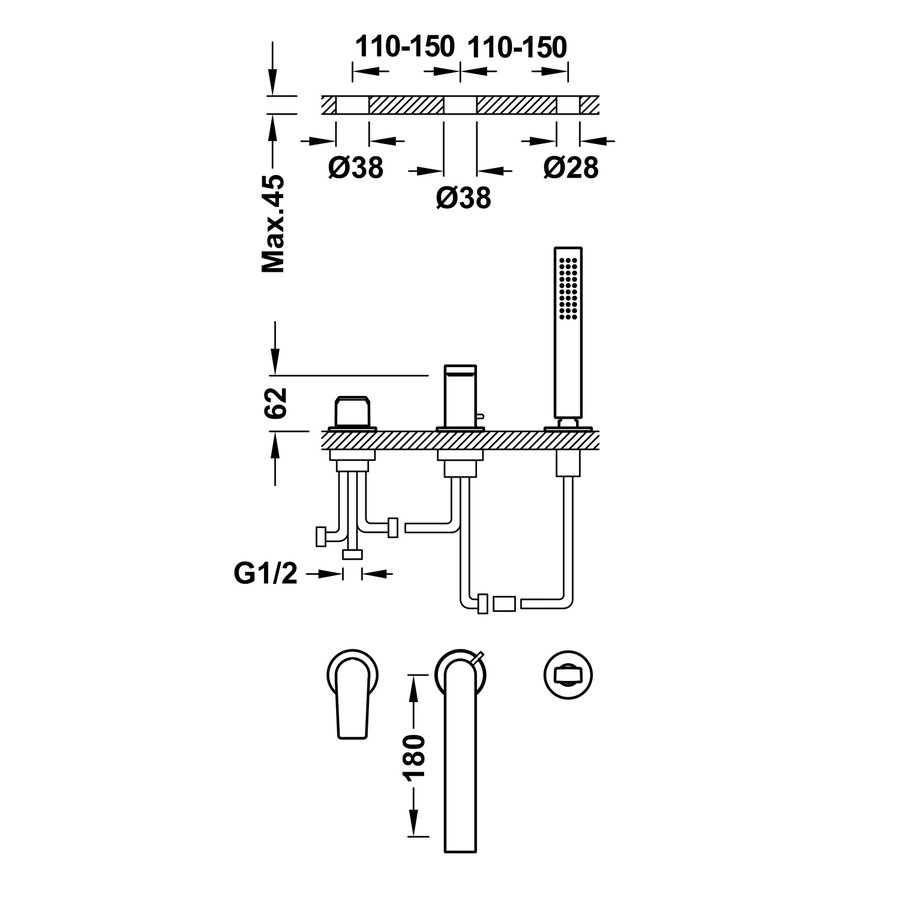 Badrandkraan Tres Project 1-Hendel Rechte Uitloop 18 cm met Omstel en Handdouche RVS