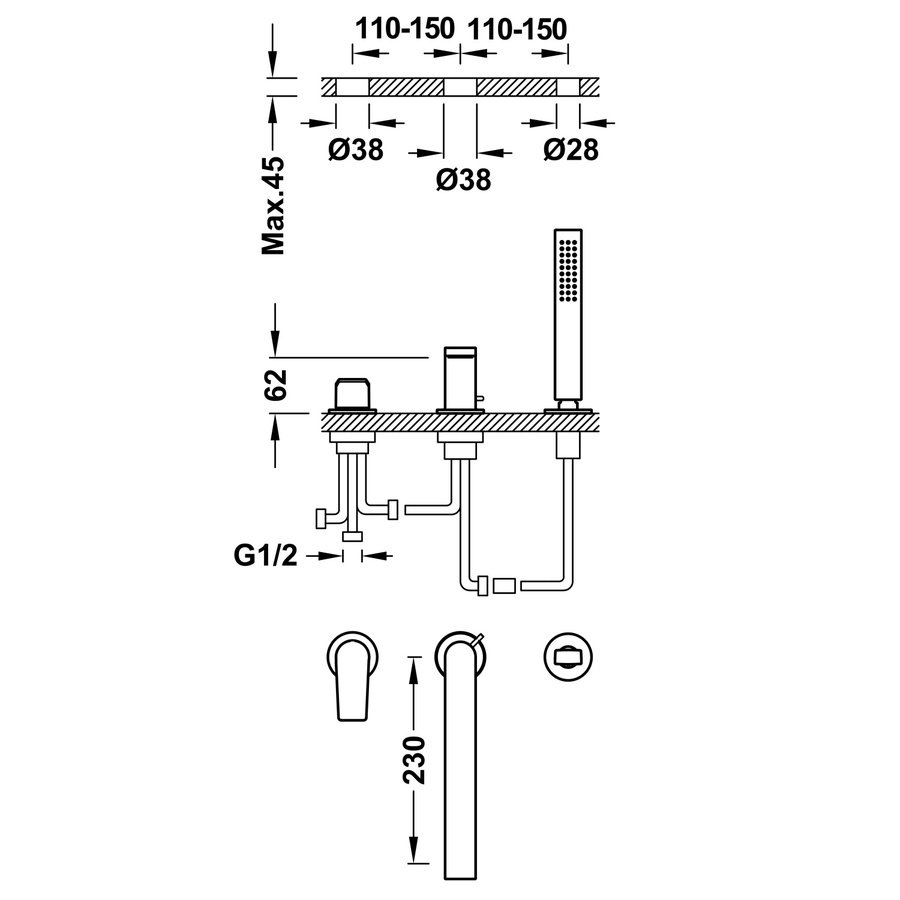 Badrandkraan Tres Project 1-Hendel Rechte Uitloop 23 cm met Omstel en Handdouche RVS