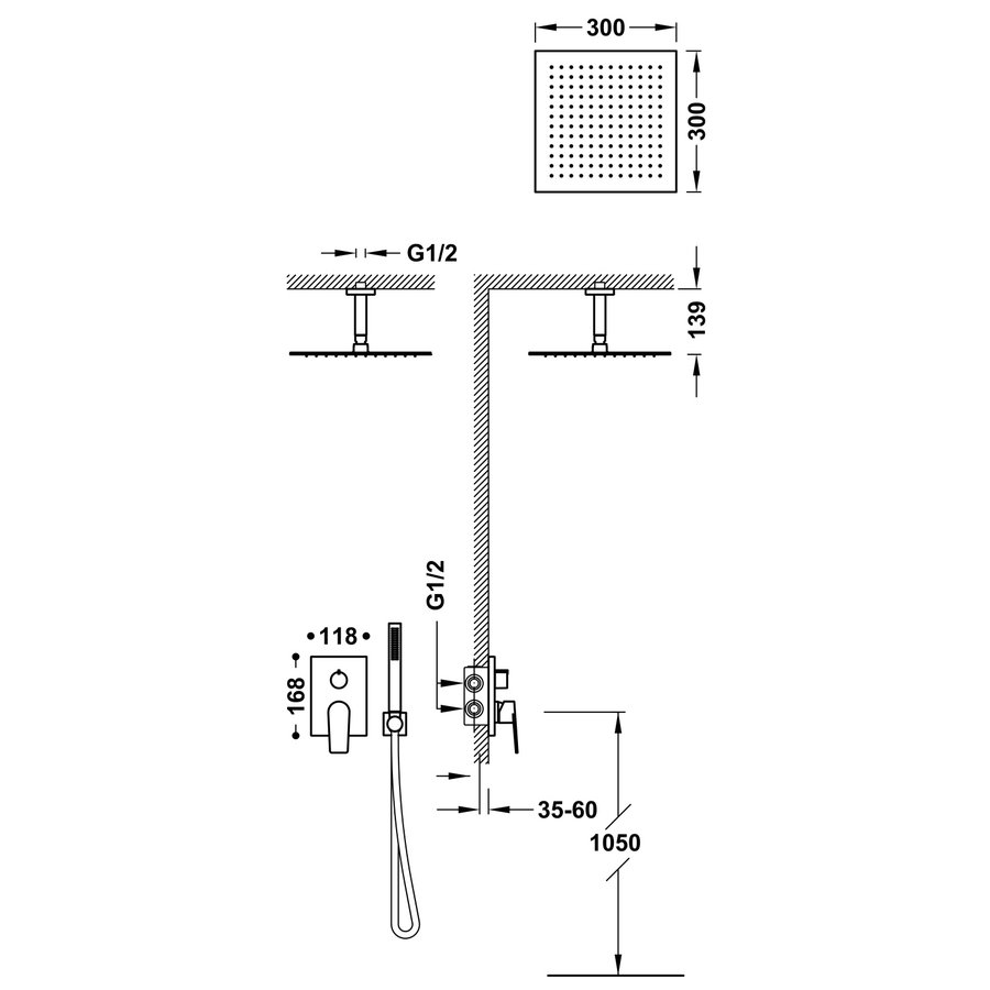 Regendoucheset Inbouw Tres Project Vierkant 30 cm Met Plafondarm en Handdoucheset met Staafhanddouche Rapid Box Mat Zwart