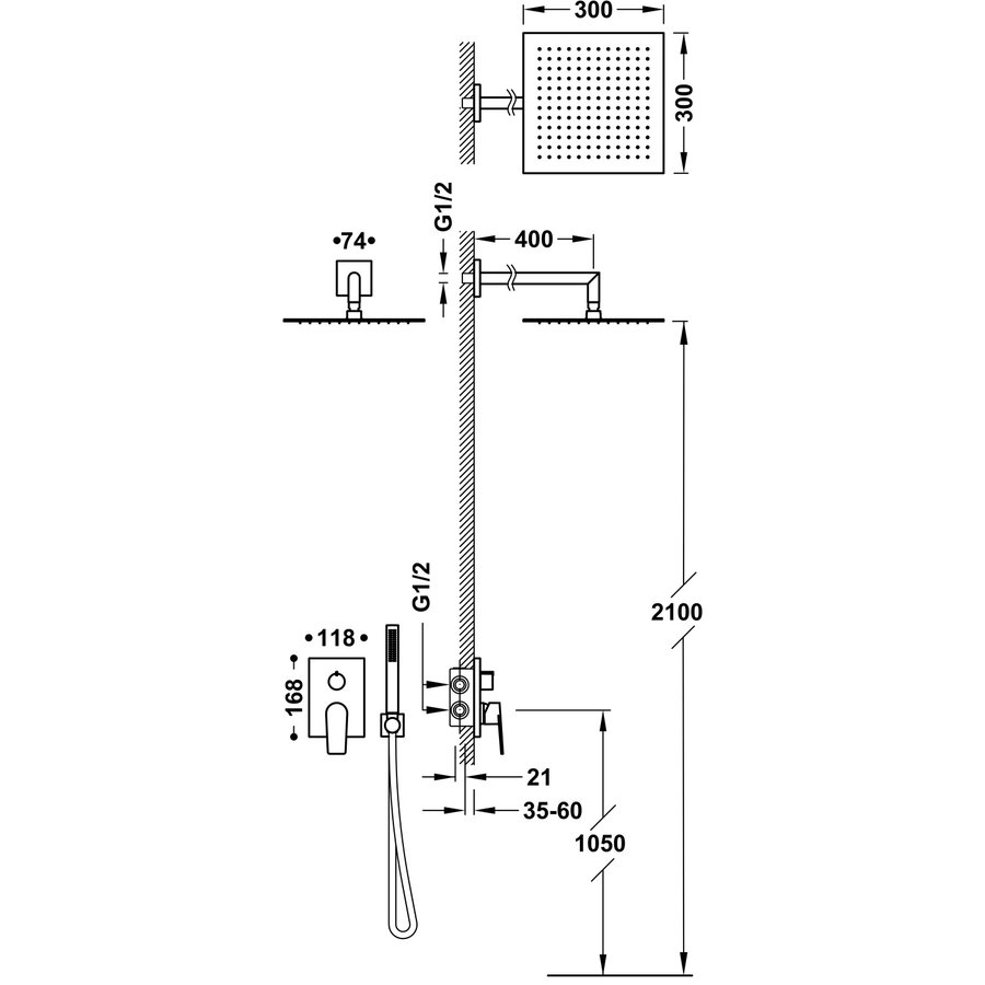 Regendoucheset Inbouw Tres Project 30 cm Vierkant Met Wandarm en Handdoucheset met Staafhanddouche Mat Zwart