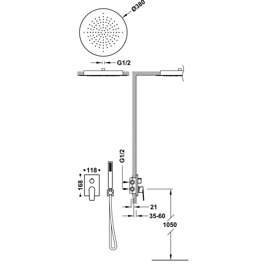Regendoucheset Inbouw Tres Project Rond 38 cm Met Plafonddouche en Handdoucheset met Staafhanddouche Rapid Box Mat Wit
