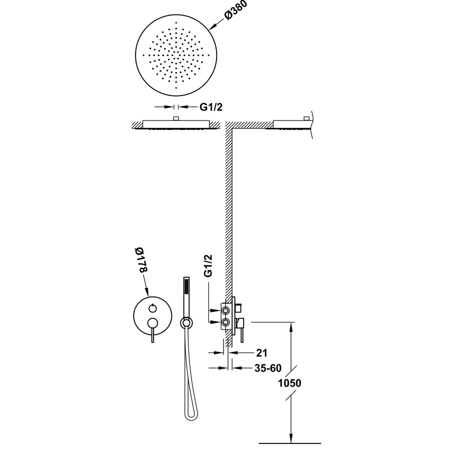 Regendoucheset Inbouw Tres Study Exclusive Rond 38 cm met Plafonddouche en Handdoucheset met Staafhanddouche Rapid Box Goud