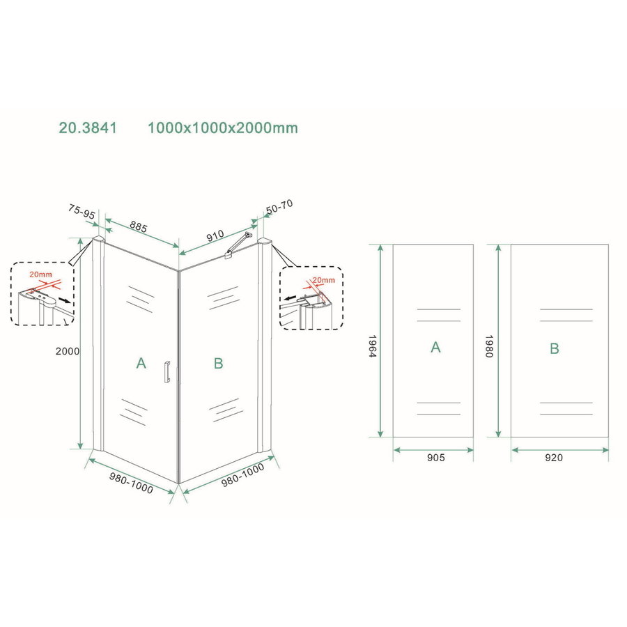 Swingdeur + Zijwand Uni 1000X1000X2000 Chroom 8Mm Nano