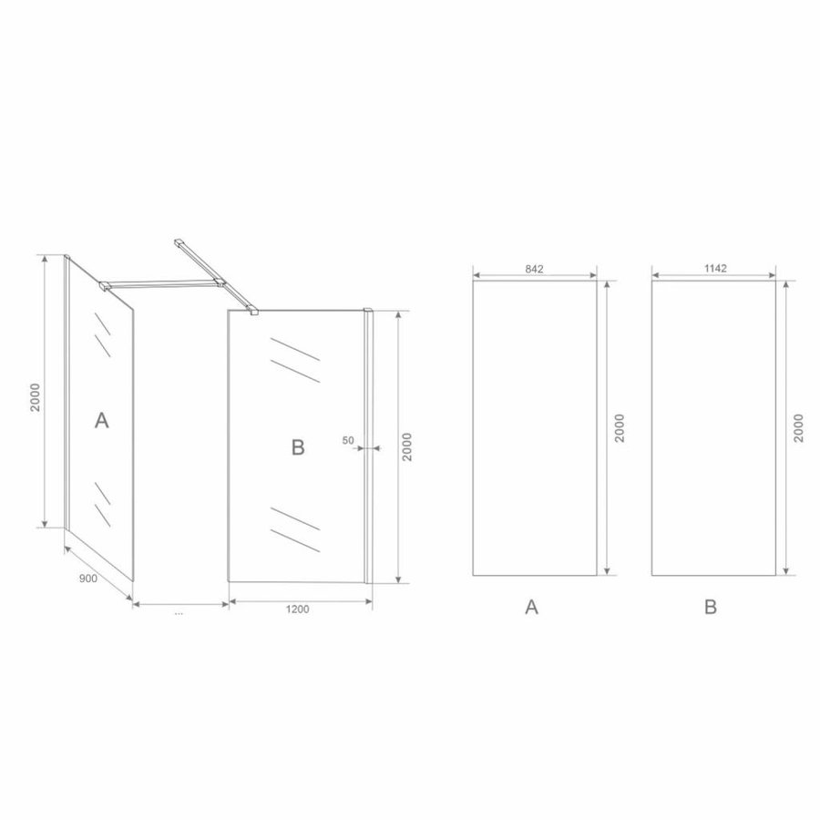 Inloopdouche Combinatie Set 120x200 + 90x200cm 10mm NANO + Muurprofiel